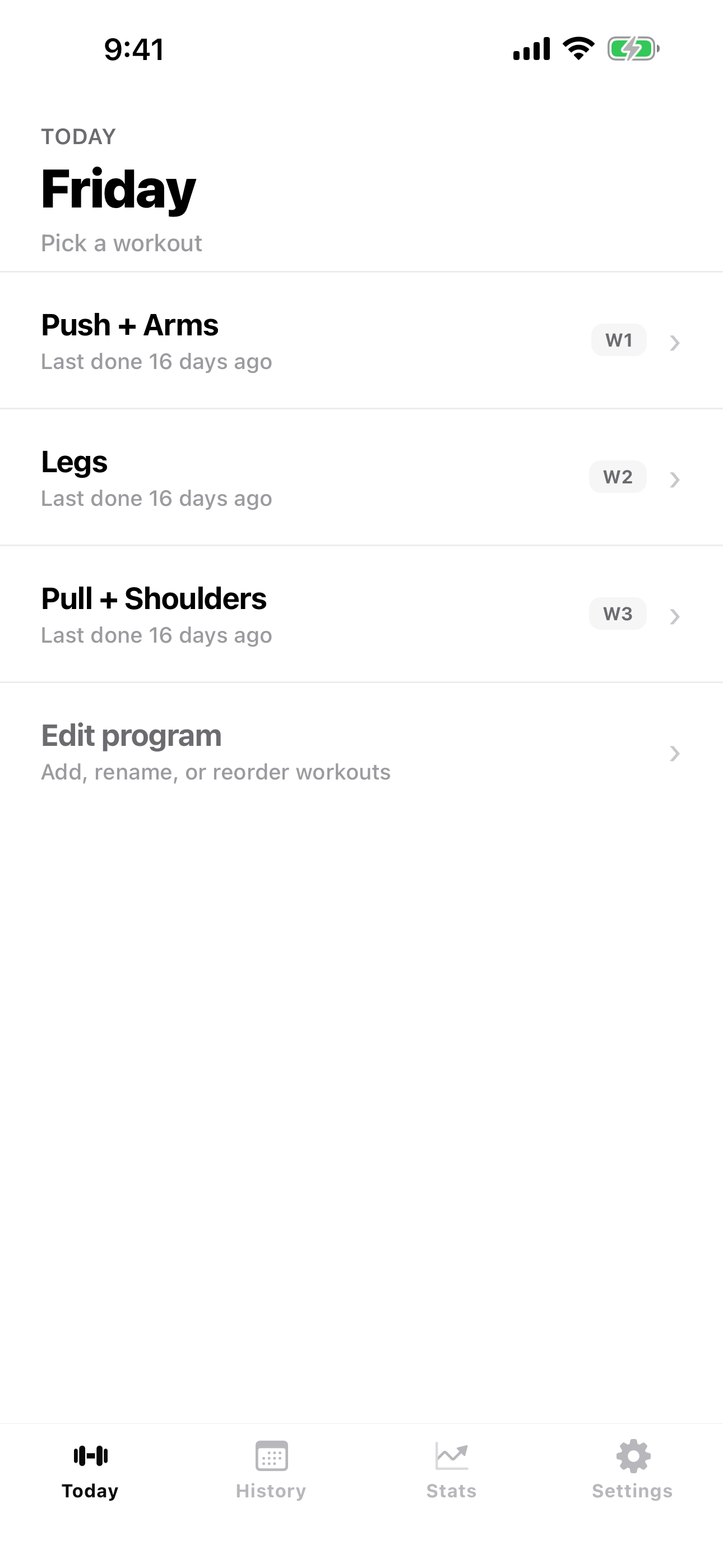 Today screen with workout picker and last-trained dates