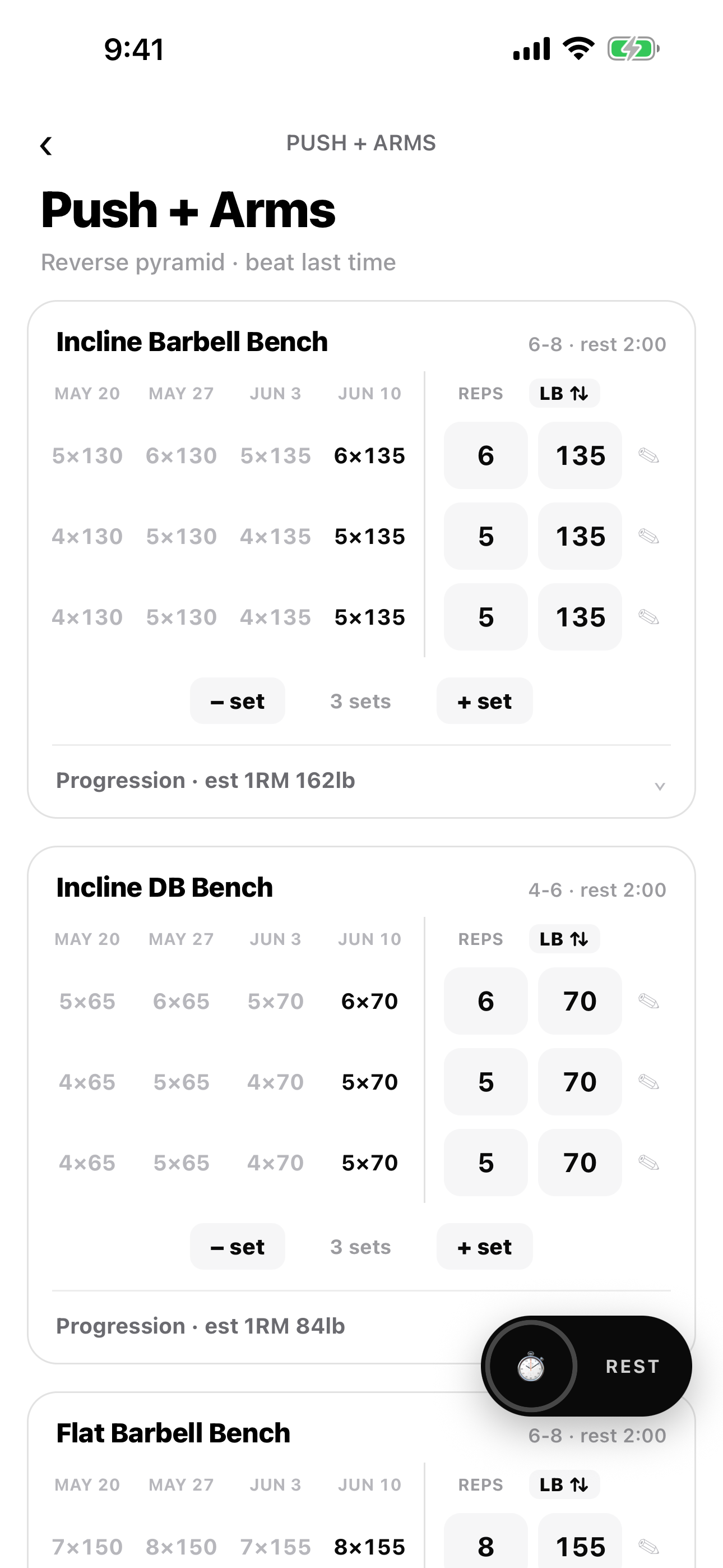 Reality Check set-logging screen showing last week's numbers next to today's targets